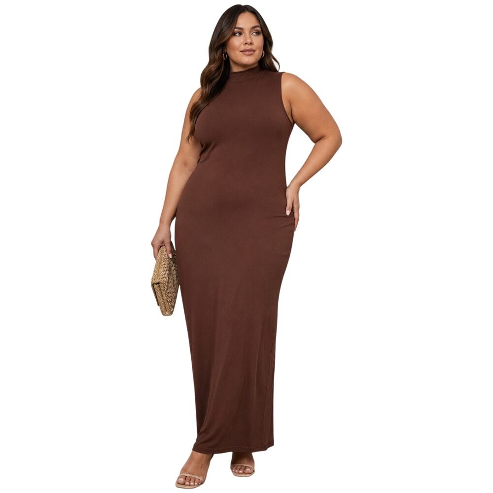 Naked Wardrobe Brown Sleeveless Maxi Dress, Mock Neck Stretch, Plus Size 2X NWT